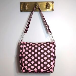 Belvah Beauty and Quality Pink/Brown Polkadot Quilted Tote Bag/Messenger Bag.